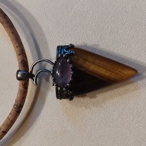 Beautiful Tigers Eye And Amethyst Gemstone Amulet Pendant With Corded Necklace